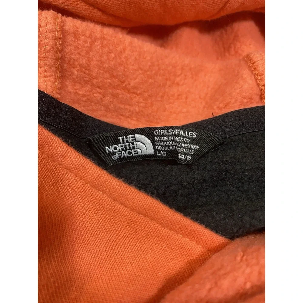 The North Face Girls Hoodie Orange Black Colorblock Fleece Pullover Large 14/16